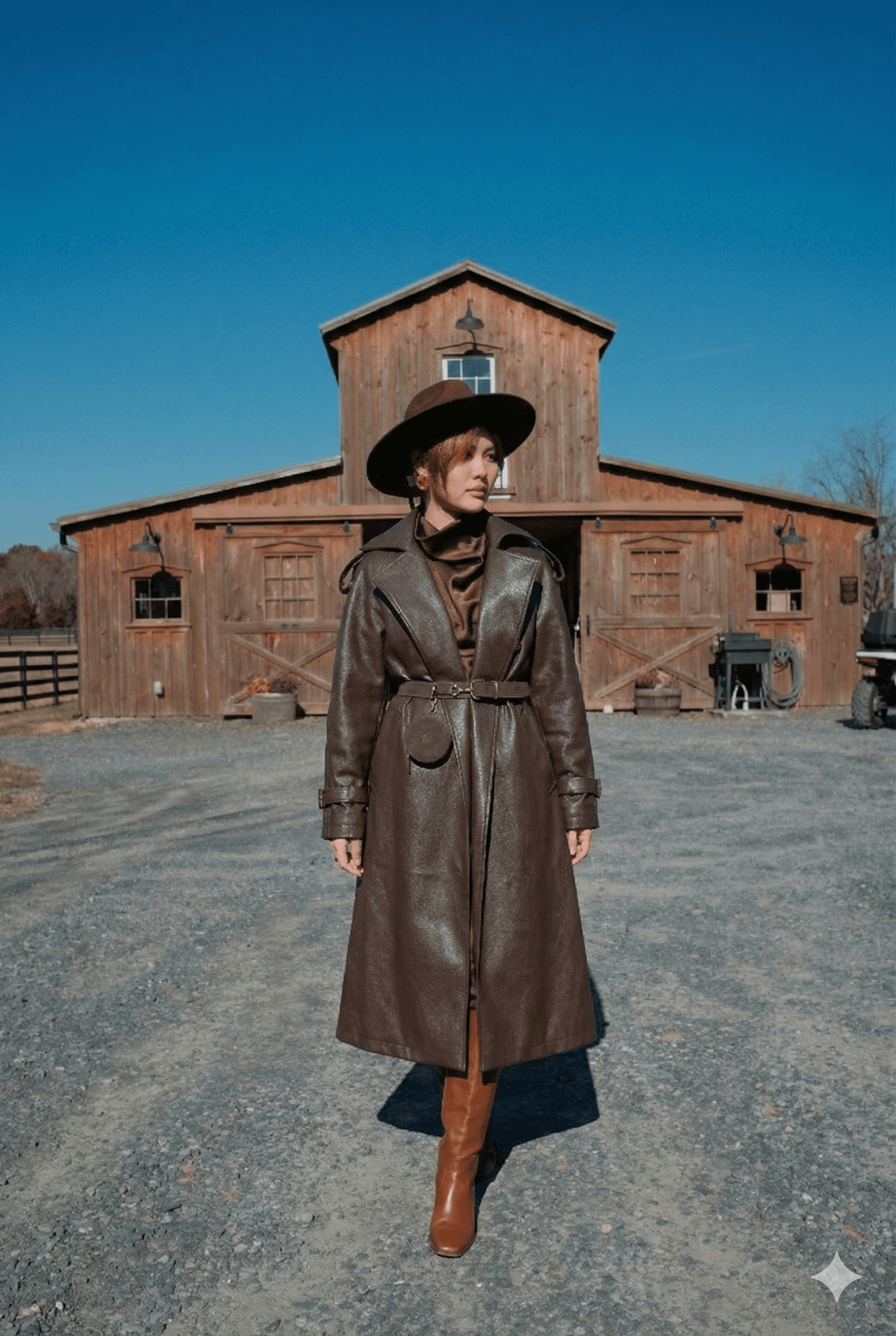 Model wearing a Raphaella coat in a rustic barn setting — Spring Summer 2026 collection
